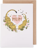 UK Greetings Mother's Day card featuring playful leopard design and "Love You Mum" message, perfect for celebrating moms.