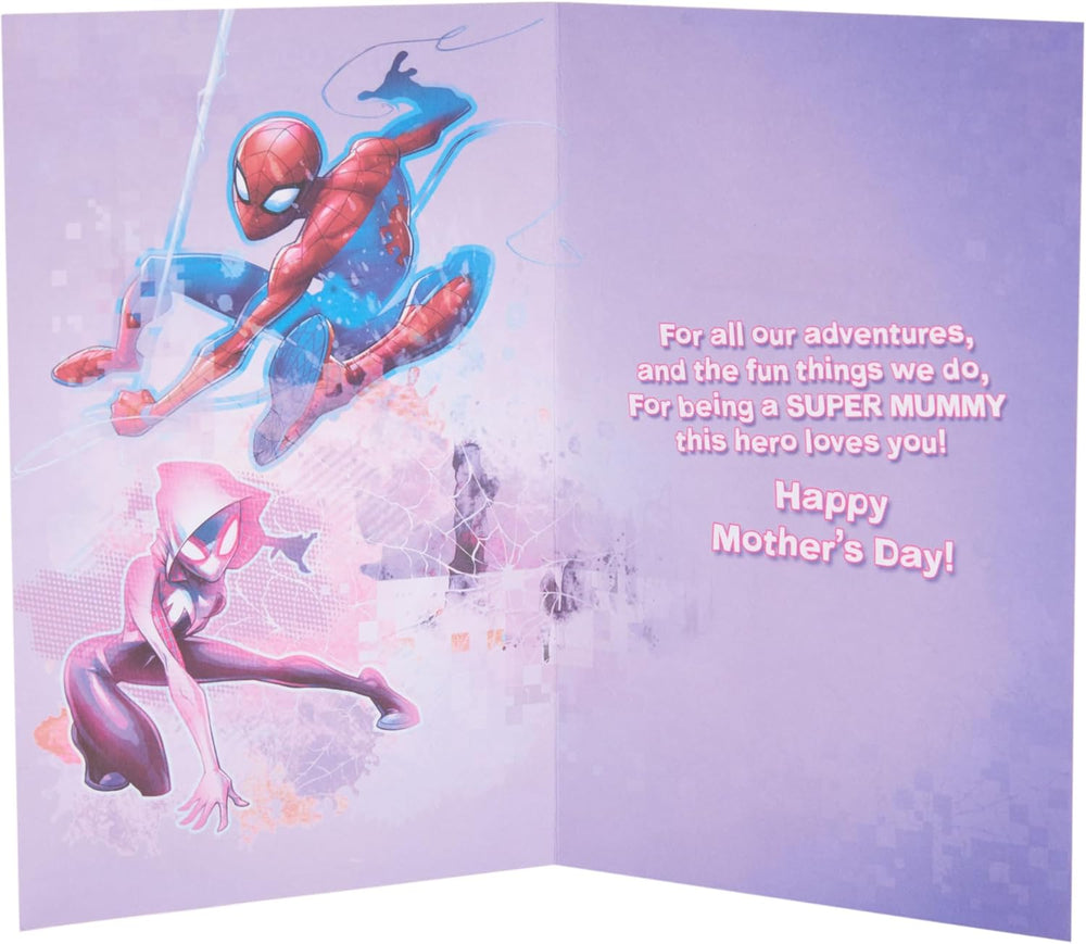 UK Greetings Marvel Spiderman Mother's Day Card featuring a hero design with Spiderman graphics on the front.