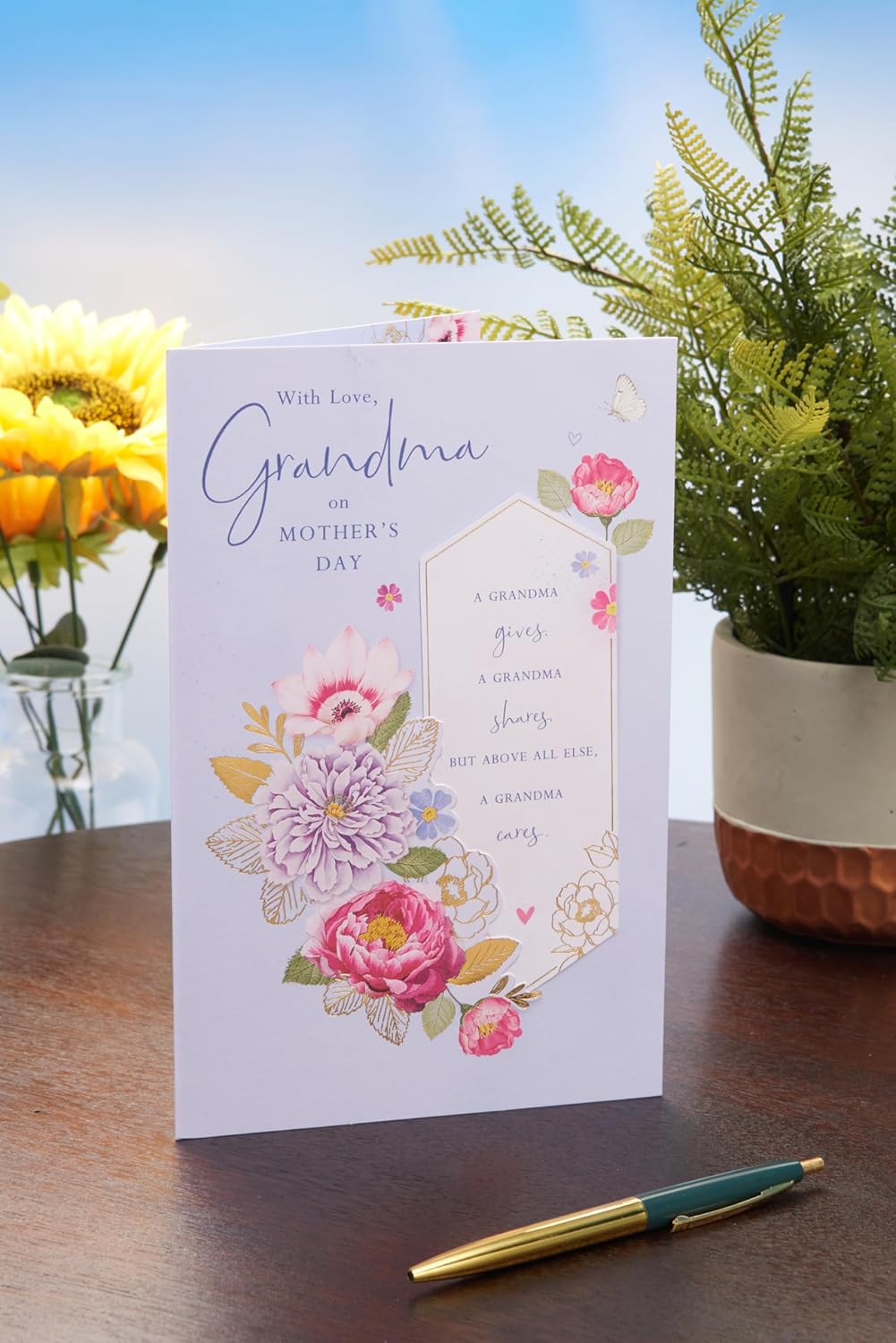 UK Greetings Mother's Day card for Grandma featuring a sentimental design, showcasing heartfelt message and decorative floral elements.