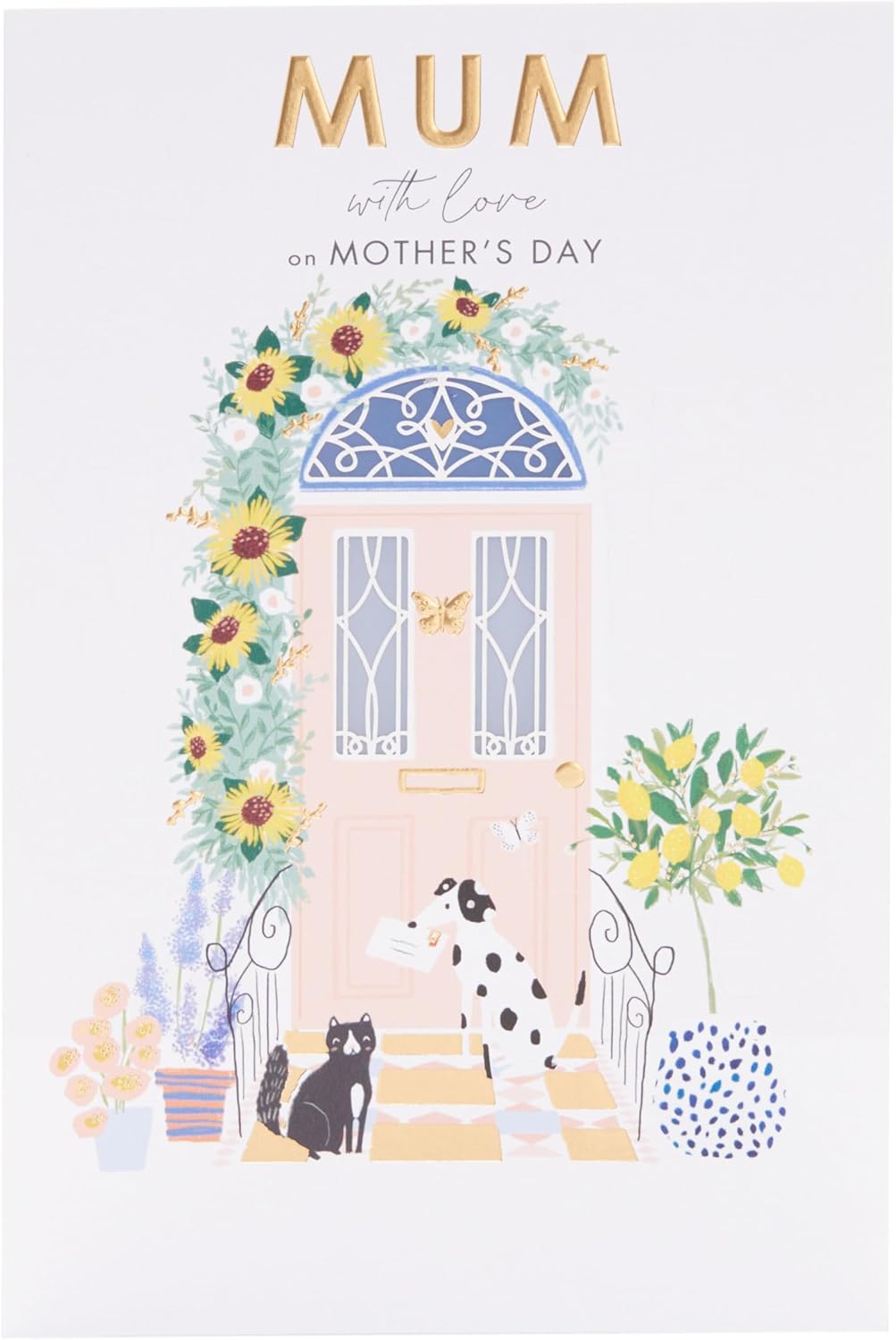 UK Greetings Mother's Day Card for Mum with a cute doorstep design, featuring cheerful illustrations perfect for celebrating Mom.