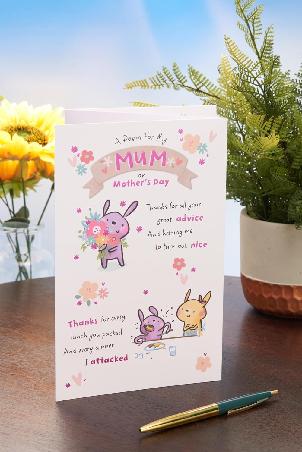 UK Greetings Mother's Day Card for Mum with cute poem design, featuring colorful floral illustrations and heartfelt message.