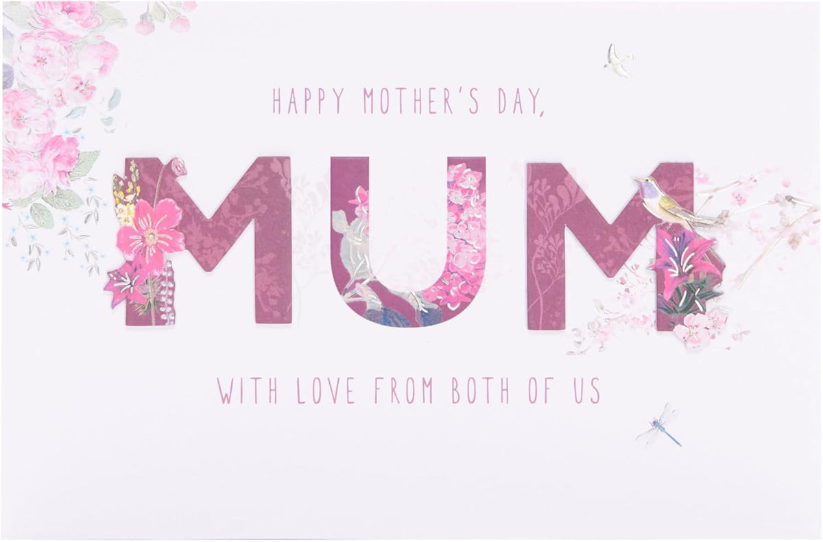 Pink floral design UK Greetings Mother's Day Card for Mum from Both of Us, featuring colorful flowers and heartfelt message.