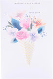 UK Greetings Mother's Day Card for Mum from Son with floral bouquet design, featuring colorful flowers and heartfelt message.