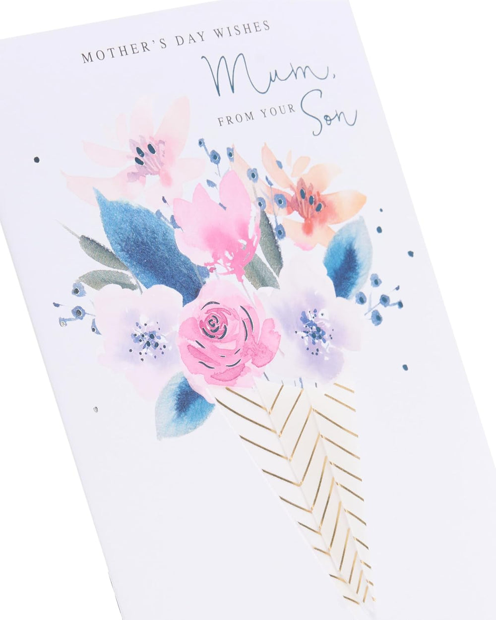 UK Greetings Mother's Day card for Mum from Son featuring a floral bouquet design, with colorful flowers and heartfelt message.