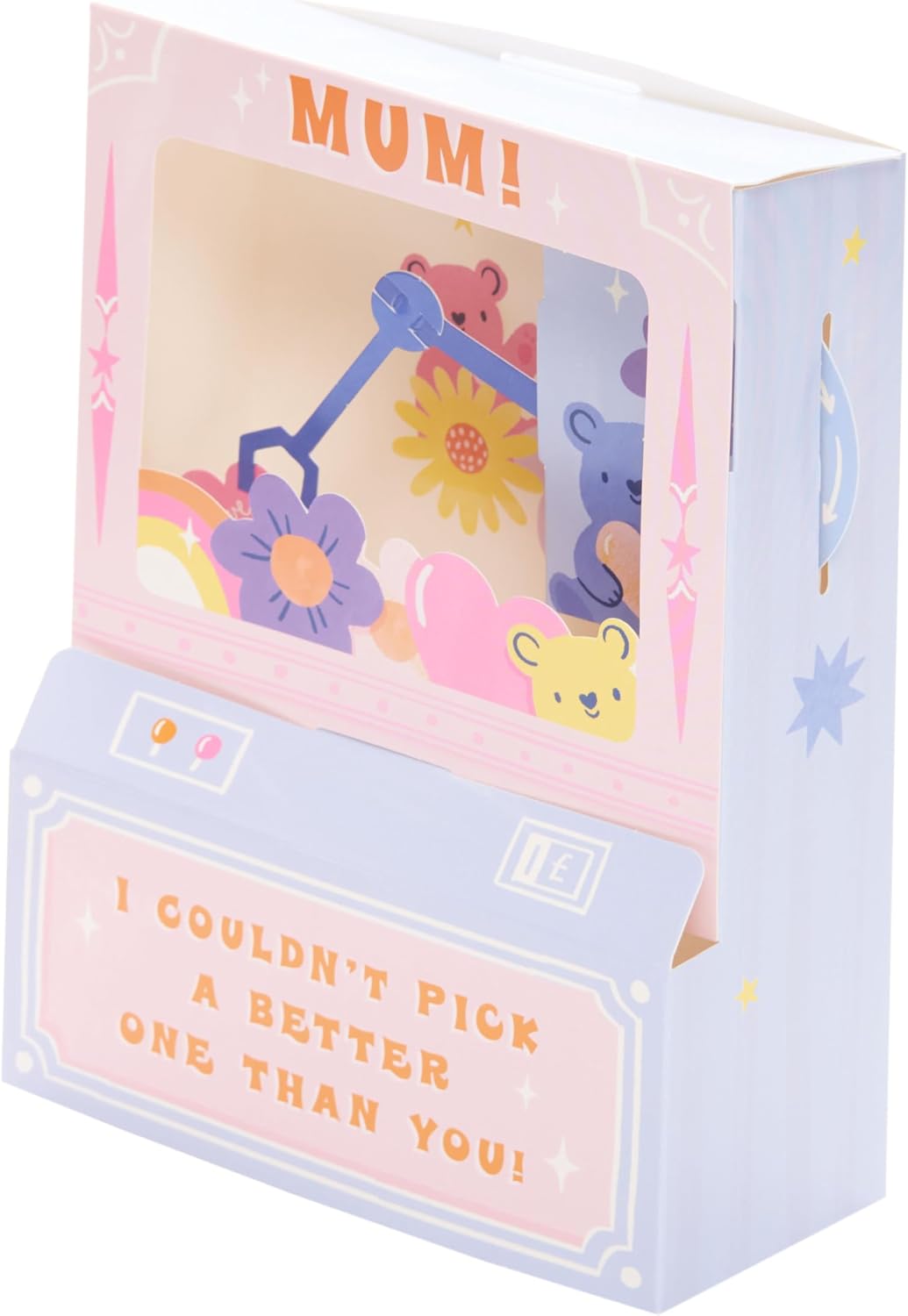UK Greetings Mother's Day Card for Mum with interactive teddy machine design, featuring colorful illustrations and festive details.