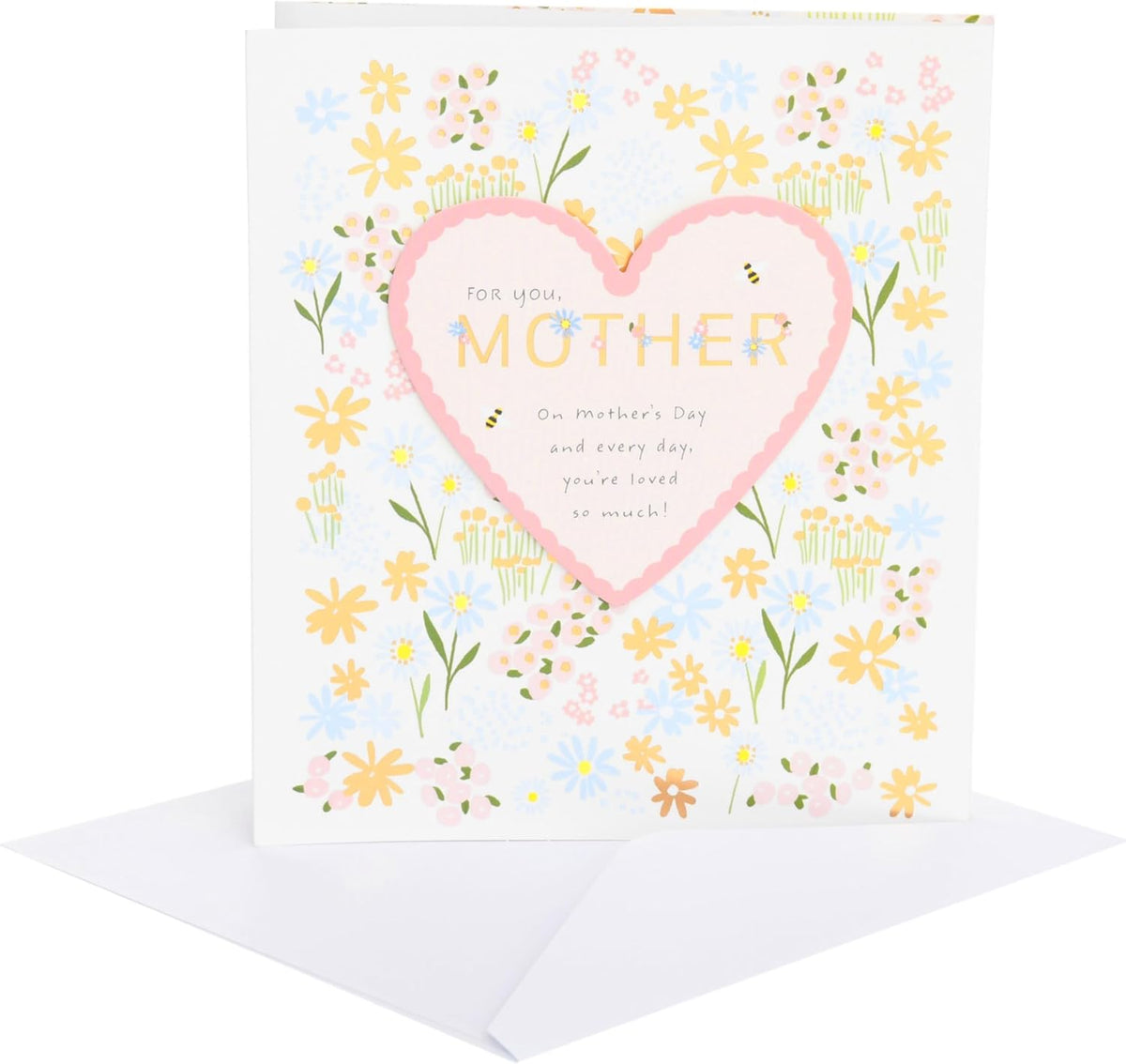 Mother's Day greeting card from UK Greetings featuring flowers and heart design for mum, grandma, wife, or women.