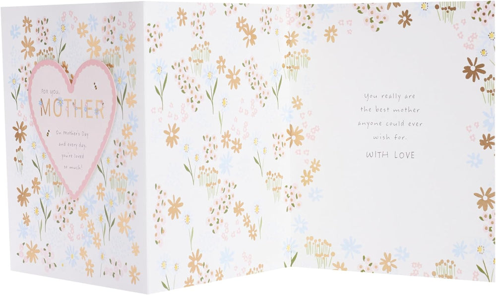Mother's Day greeting card from UK Greetings featuring flowers and heart design, with an envelope for mum, grandma, or wife.