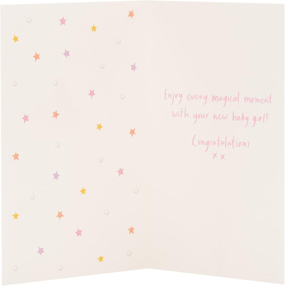 UK Greetings new baby girl congratulations card featuring a cute woof cloud design, perfect for celebrating a newborn.