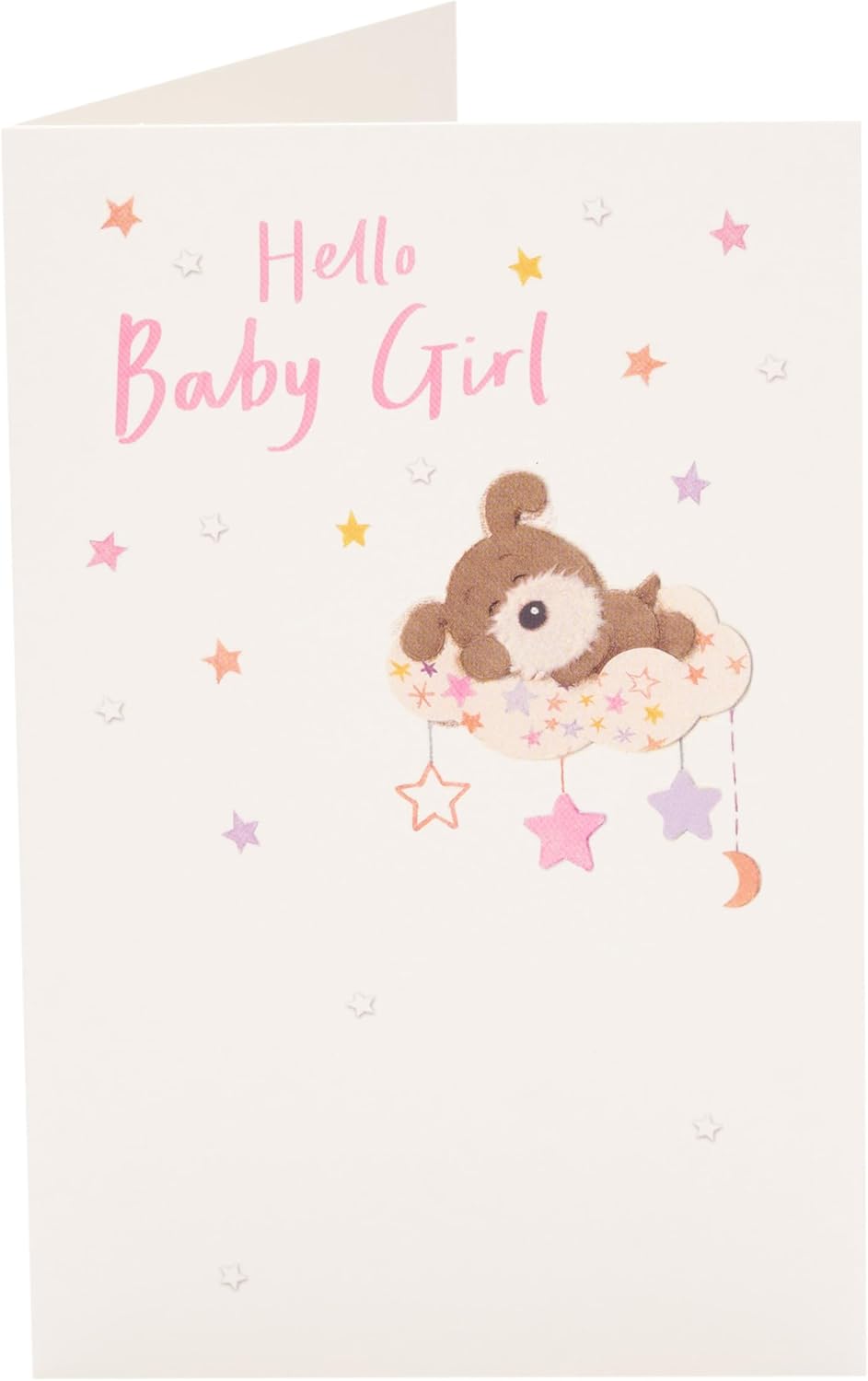 UK Greetings new baby girl congratulations card featuring a cute cloud and dog illustration, perfect for newborn gifts.