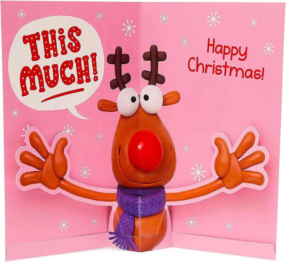 UK Greetings pop-up Christmas card for mum with "I Love You This Much" humorous design and festive holiday imagery.