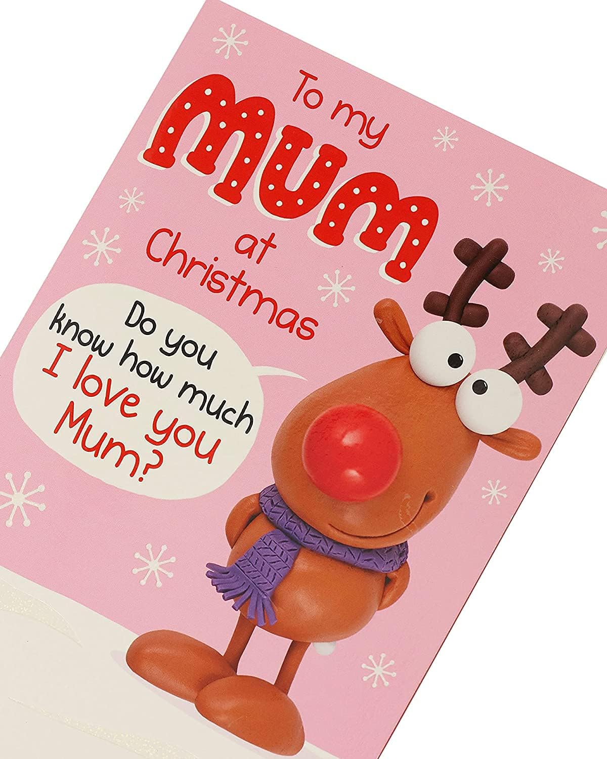 UK Greetings pop-up Christmas card for mum with humorous "I Love You This Much" design and festive holiday illustration.