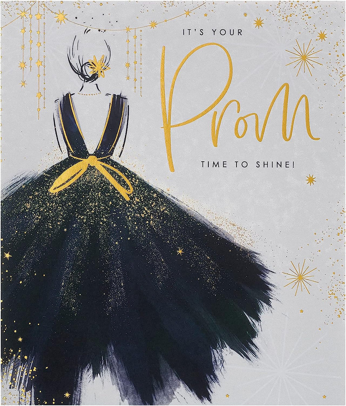 UK Greetings prom greeting card featuring a stunning dress design, perfect for celebrating prom occasions.