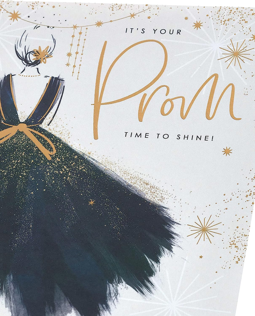 UK Greetings prom greeting card featuring an elegant dress design, perfect for celebrating a special prom occasion.