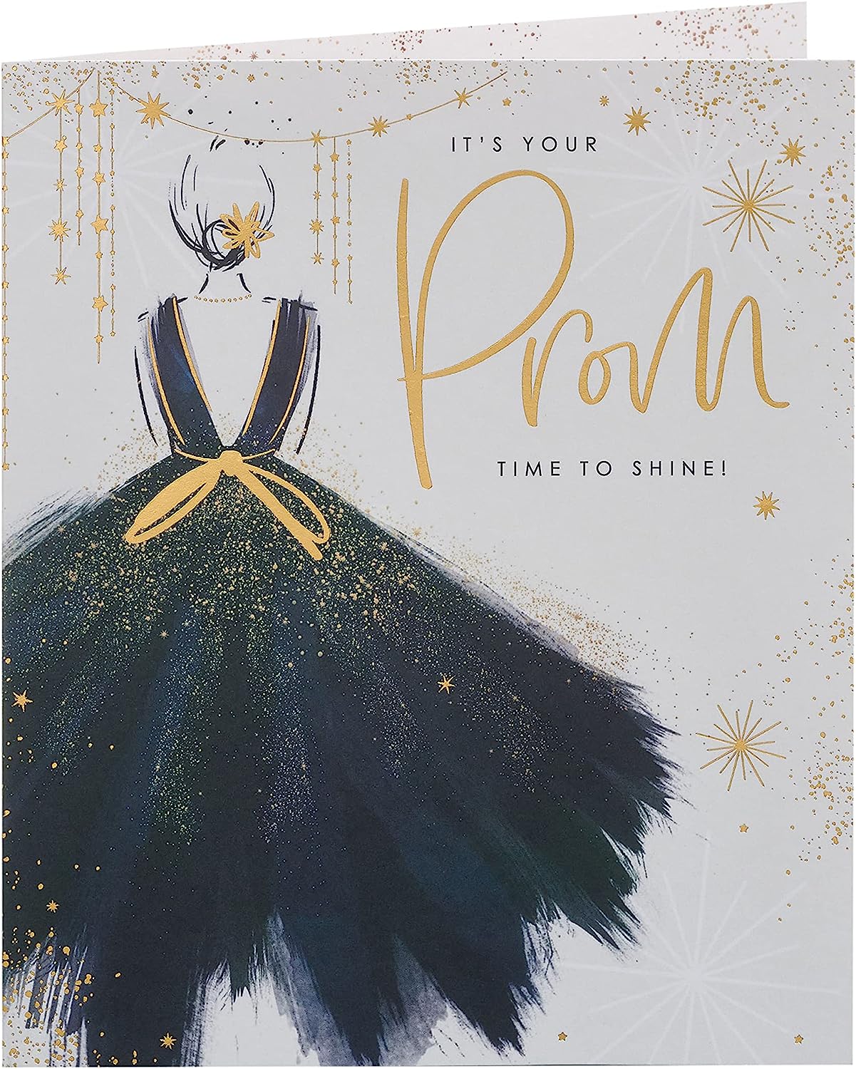 UK Greetings prom greeting card featuring a stunning dress design, perfect for celebrating prom occasions.