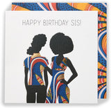 UK Greetings Afro Sis birthday card featuring vibrant stationery design with colorful Afro hairstyle illustration.