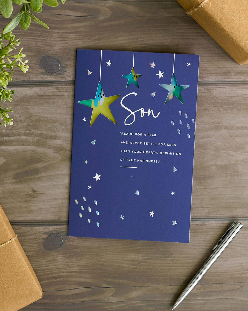 UK Greetings birthday card for son featuring bold, meaningful message, with colorful stationery design.
