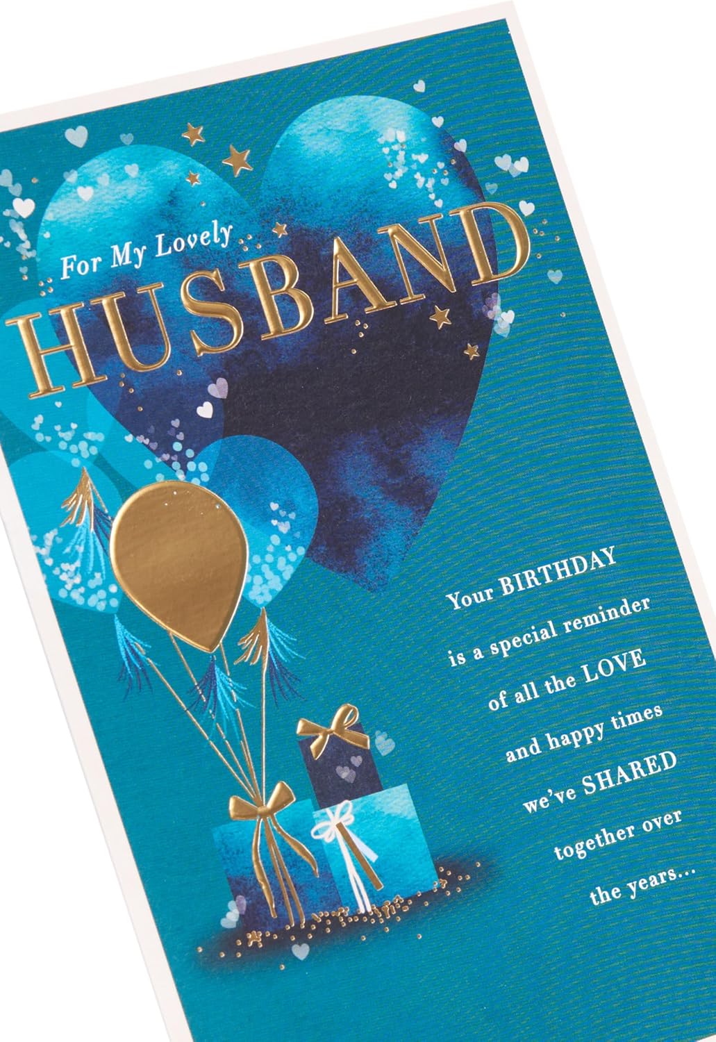 UK Greetings blue heart design husband birthday card, featuring stationery with heartfelt artwork for special occasions.