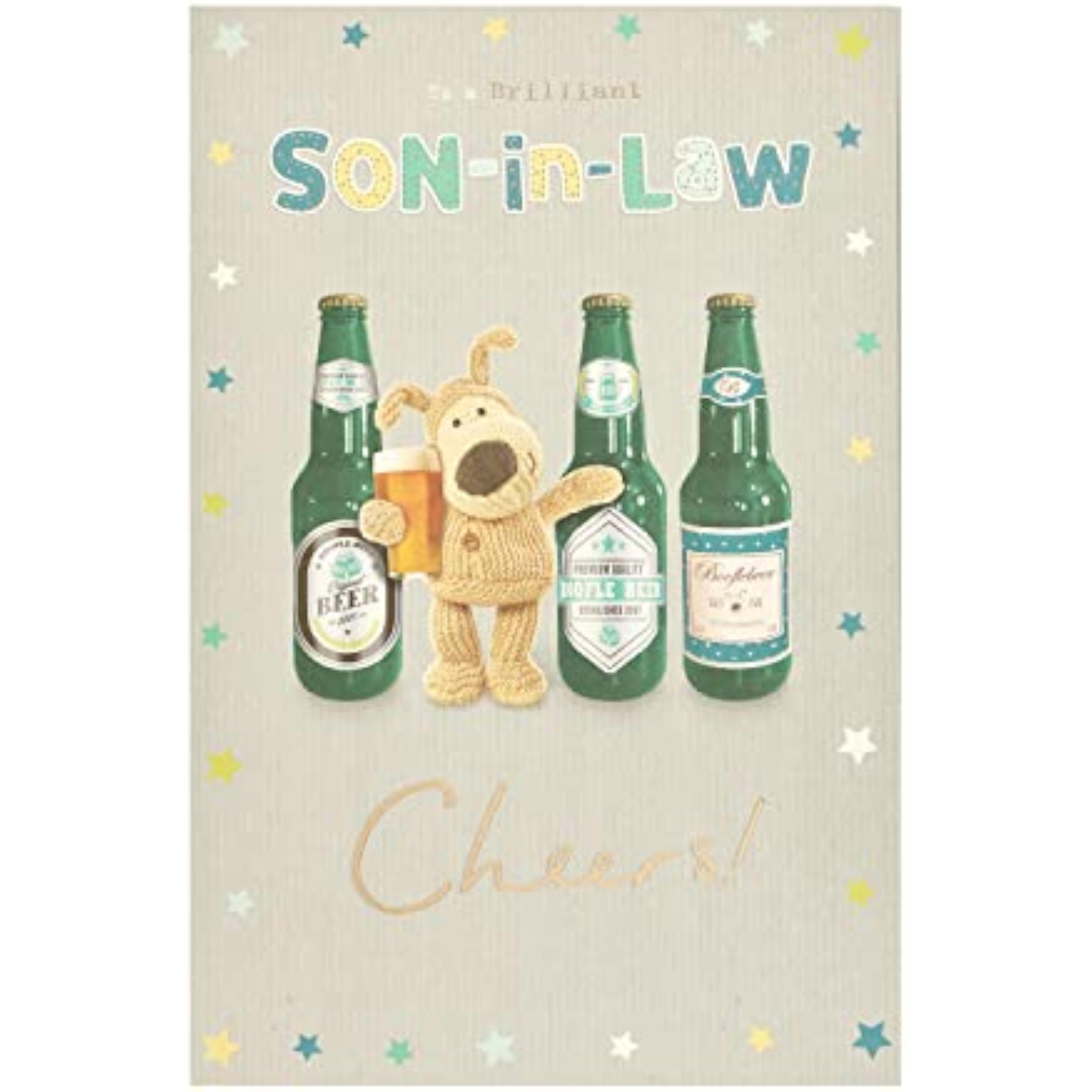 UK Greetings Boofle Beer Cheers Son-in-Law Birthday Card, colorful stationery with festive design featuring Boofle character.