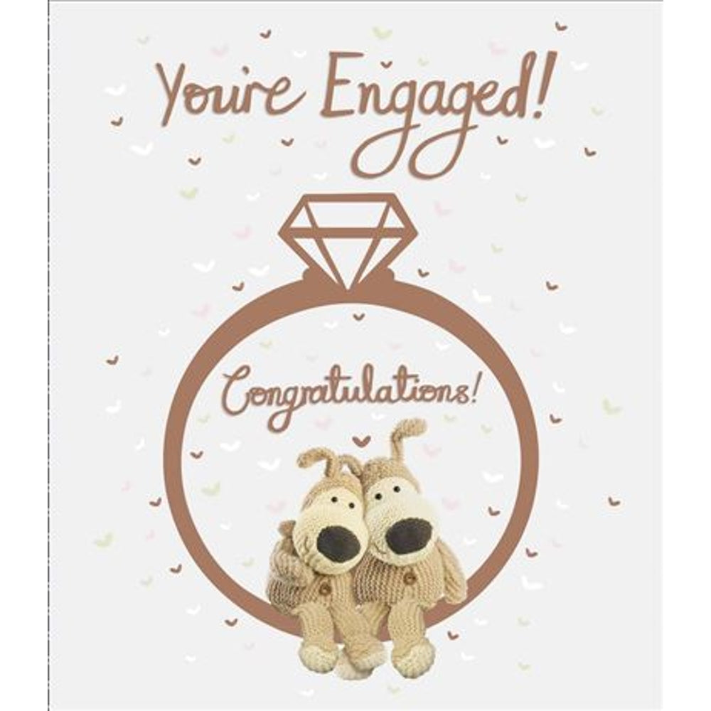 UK Greetings Boofle engagement congratulations card, a colorful stationery card with cute Boofle character and celebratory message.