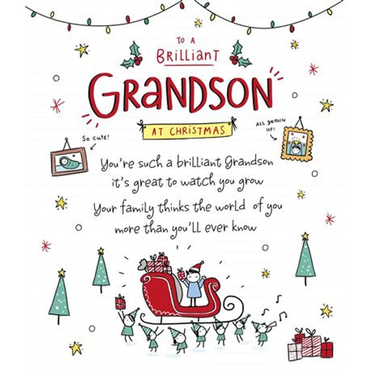 UK Greetings Christmas card featuring festive characters on a sleigh, designed for a grandson, with seasonal holiday imagery.