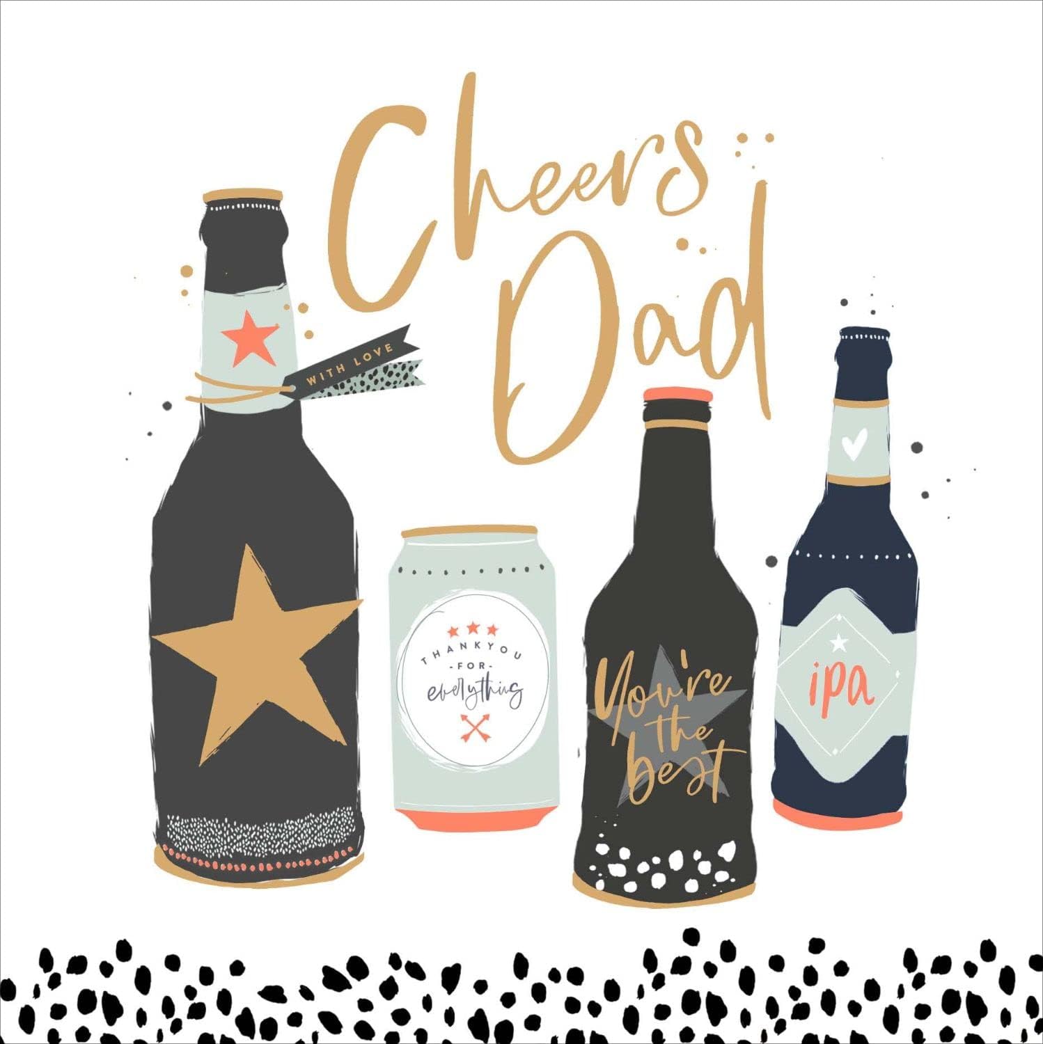 UK Greetings Cheers Dad Fathers Day card featuring illustrations of bottles of beer, perfect for celebrating with dad.