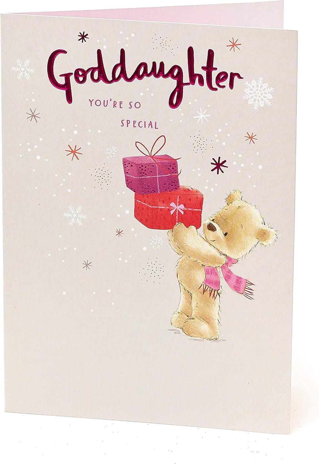 UK Greetings Christmas card for goddaughter featuring teddy bear and presents design, ideal for holiday greeting stationery.