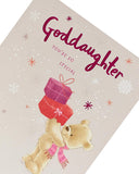UK Greetings Christmas card for goddaughter featuring a teddy bear and presents, ideal for festive stationery and holiday greetings.