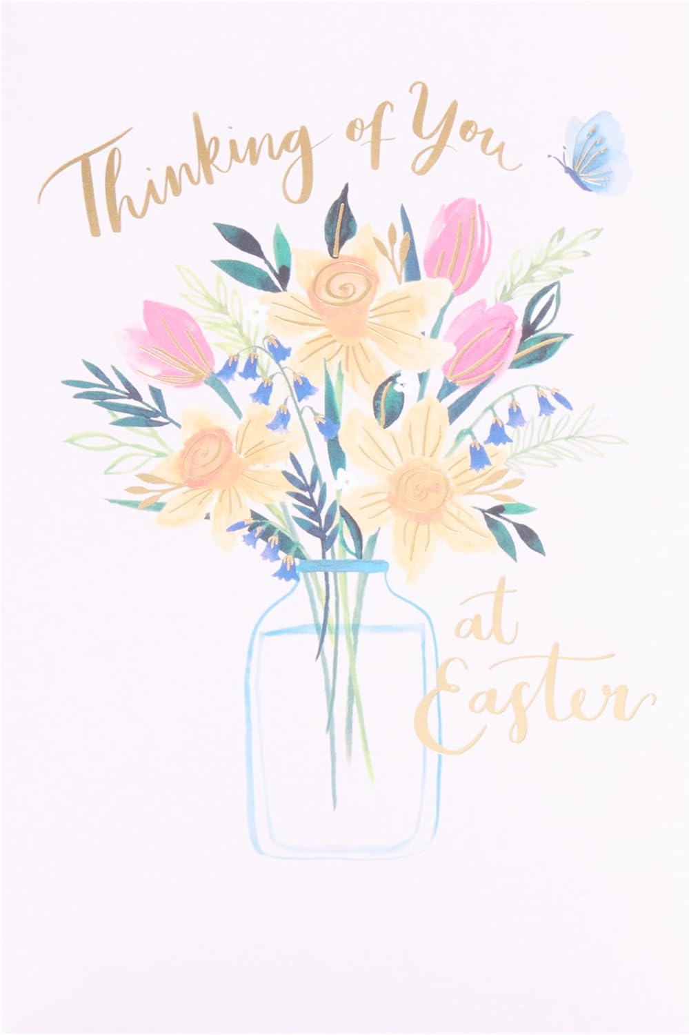 UK Greetings Easter card featuring daffodils in a vase with a "Thinking of You" message, part of stationery collection.