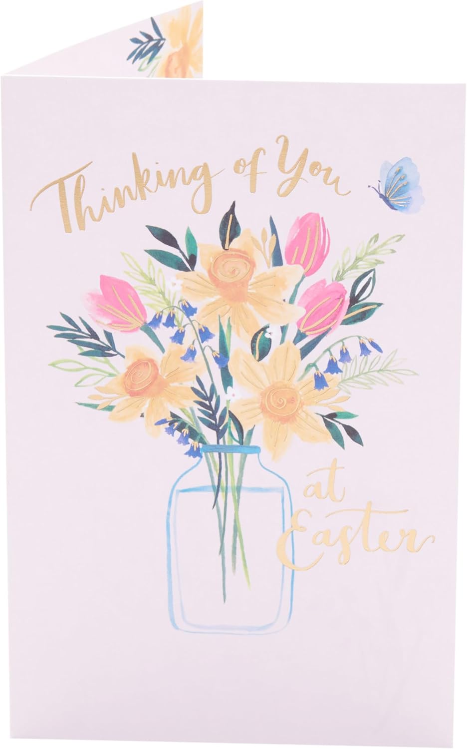 UK Greetings Easter card featuring daffodils in a vase with a "Thinking of You" message, ideal for spring greetings.
