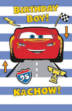 Disney Lightning McQueen birthday greetings card for boys by UK Greetings, featuring Lightning McQueen from Cars on bright stationery.