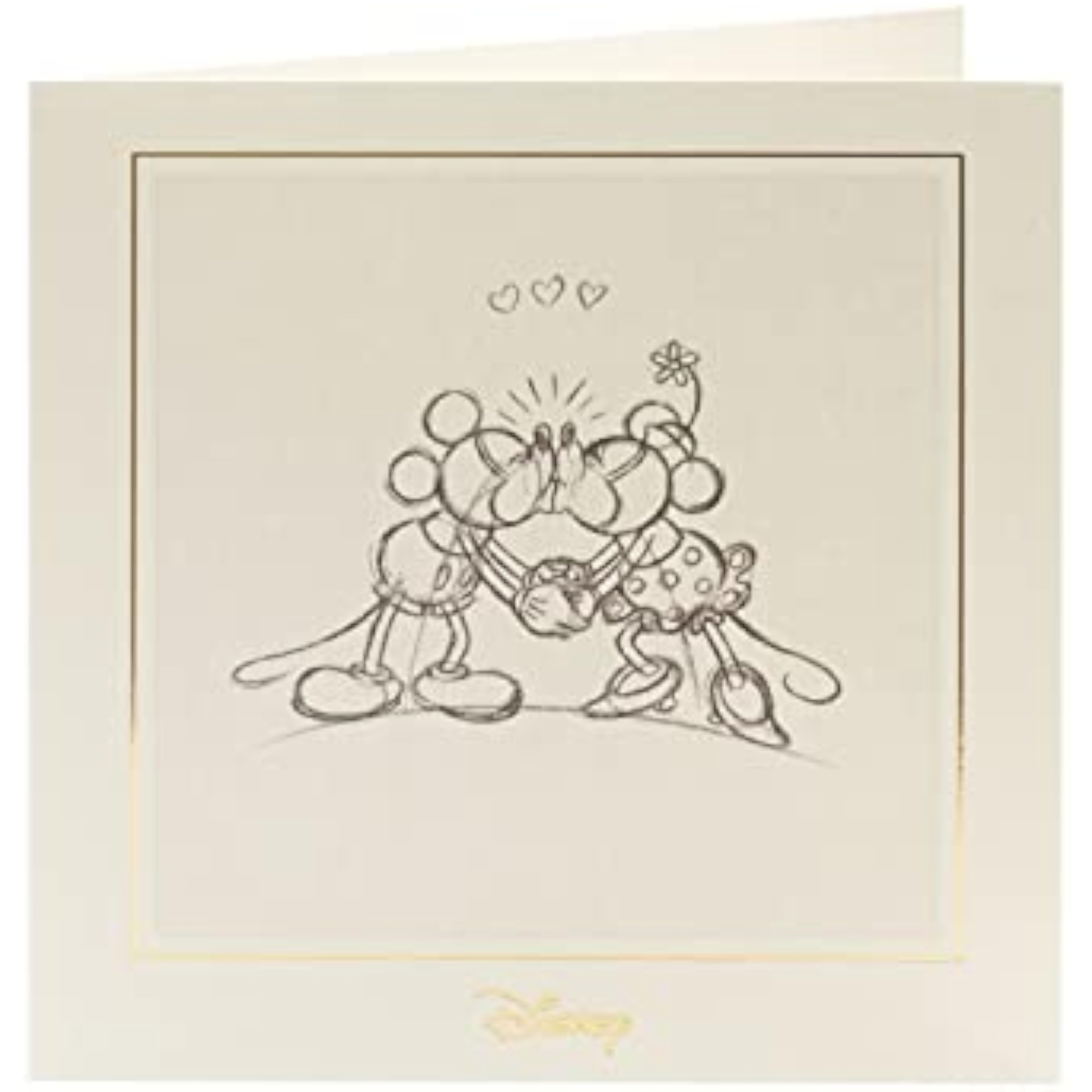 UK Greetings Disney Minnie and Mickey kissing original sketch birthday card, featuring charming cartoon characters on stationery.