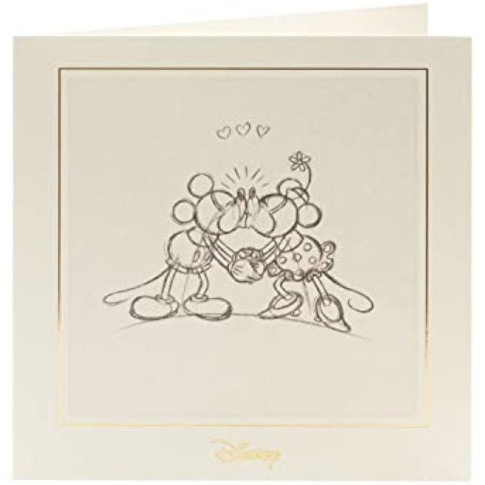 UK Greetings Disney Minnie and Mickey kissing original sketch birthday card, featuring charming cartoon characters on stationery.