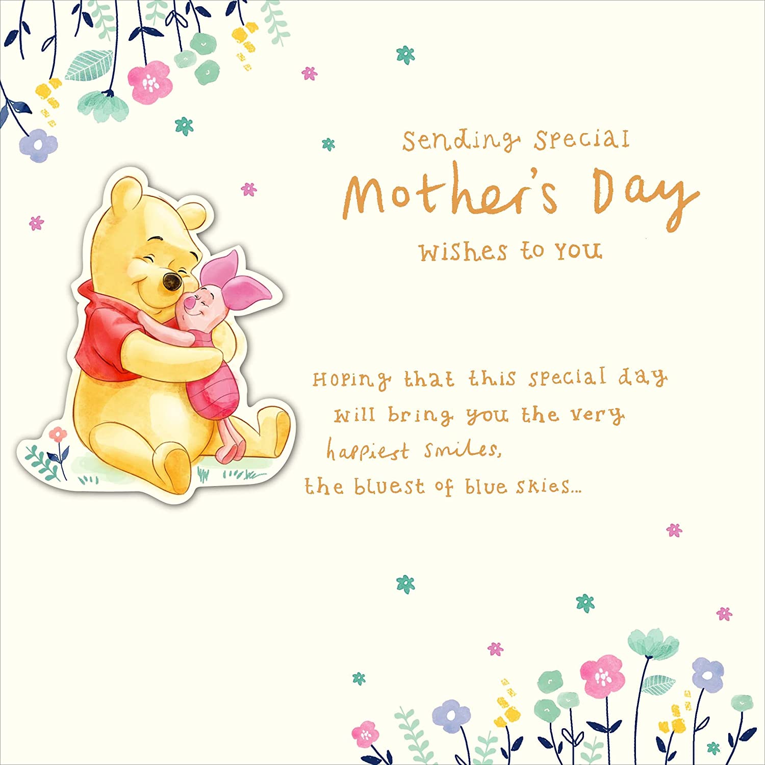 UK Greetings Disney Winnie the Pooh Mother’s Day card featuring Pooh Bear with floral accents, ideal for special Mother's Day stationery.
