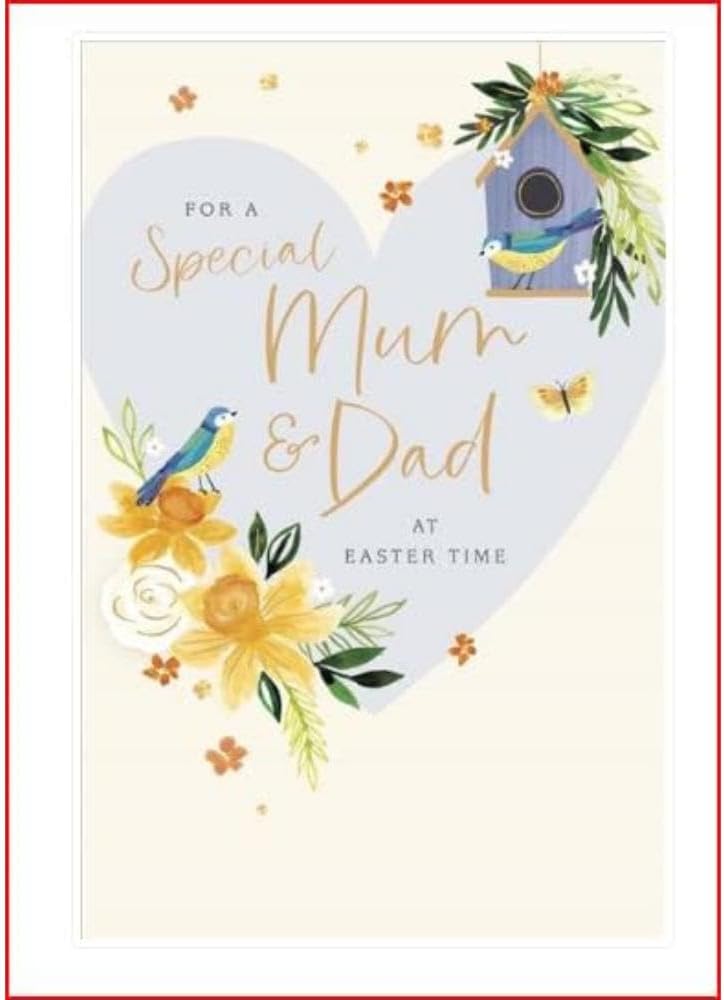 UK Greetings Easter card for Mum and Dad featuring daffodils and birds, with floral and nature-inspired stationery design.