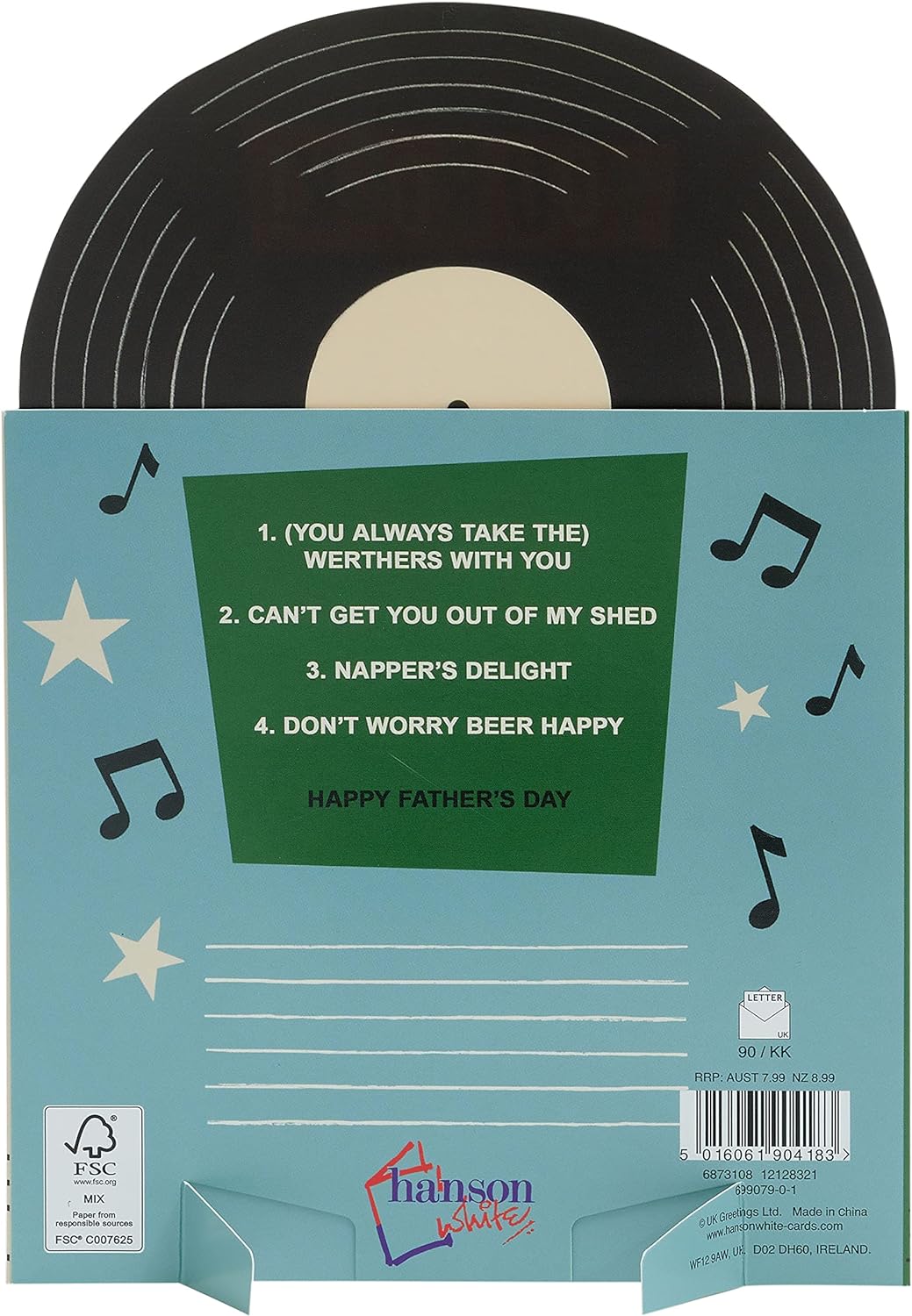 UK Greetings Father's Day card for Grandad with envelope, featuring a record design, in a stationery product image.