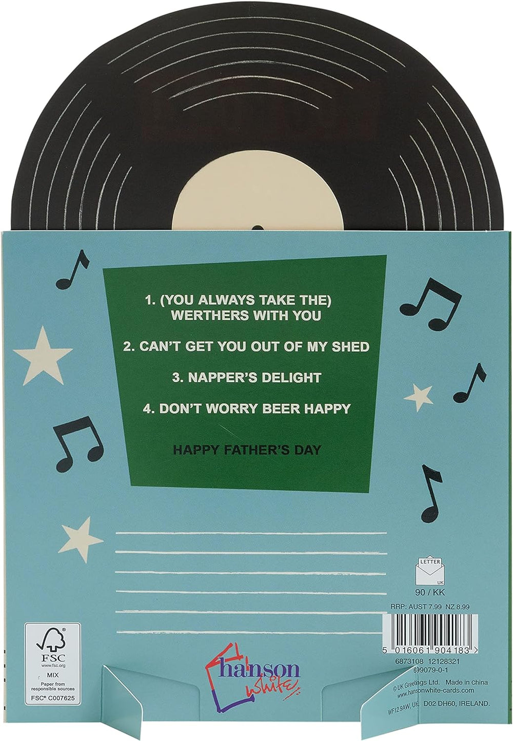 UK Greetings Father's Day card for Grandad with envelope, featuring a record design, in a stationery product image.