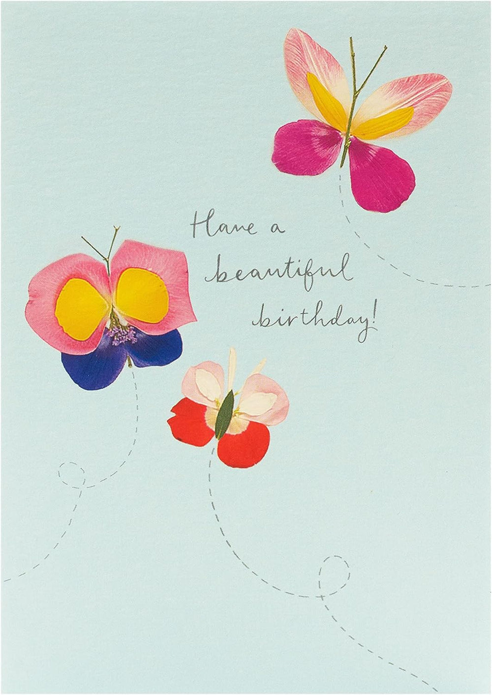 UK Greetings Flower Petal Butterflies Meadow Birthday Card featuring colorful floral and butterfly illustrations on stationery.