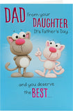 UK Greetings funny cat Father's Day card for dad from daughter, featuring colorful feline design and playful lettering.