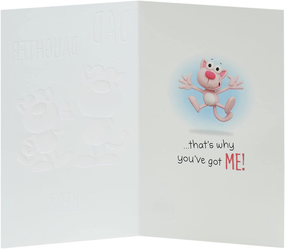 UK Greetings funny cat Father's Day card for dad from daughter, featuring playful cat illustration on stationery card.