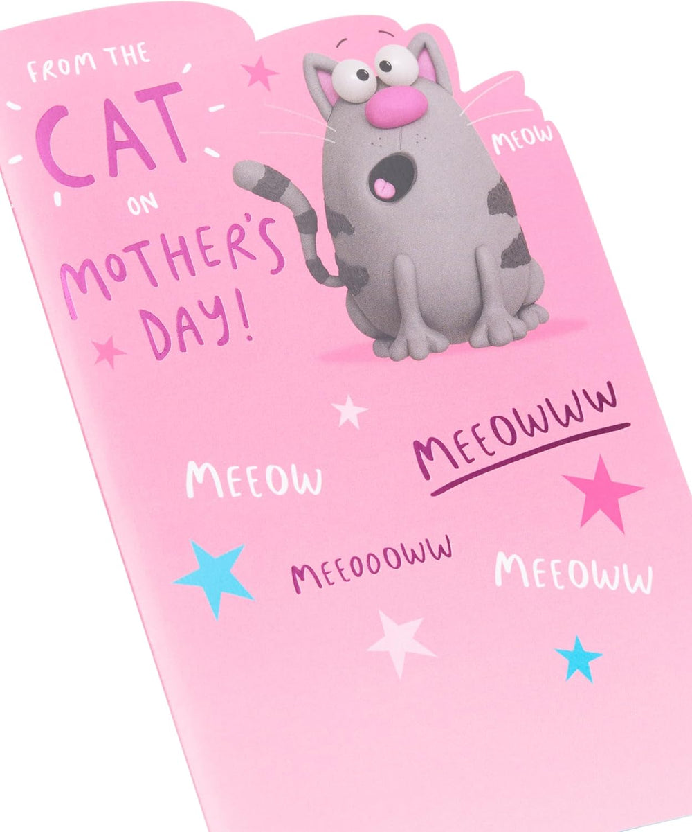 UK Greetings funny Mother's Day card from the Cat featuring a cute cartoon design for cat lovers, with playful illustrations.