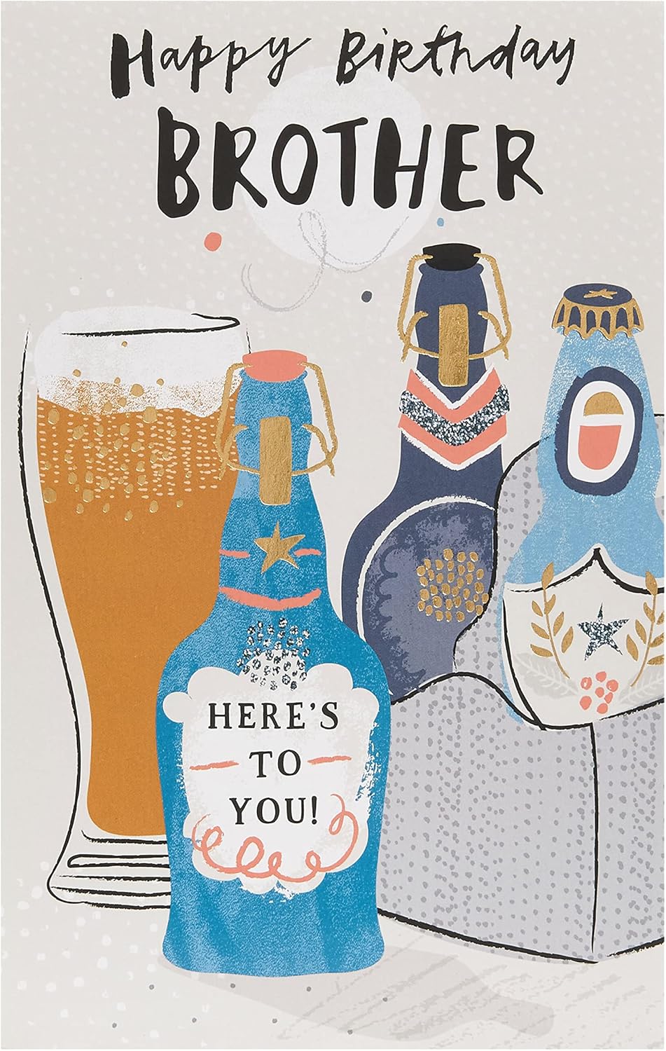 UK Greetings Happy Birthday Beers Brother birthday card featuring colorful beer-themed design and cheerful message for celebrating.