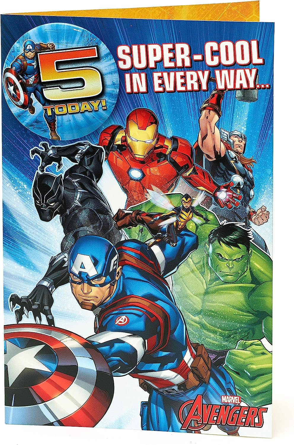 UK Greetings Marvel Avengers birthday card for age 5 featuring superhero characters and a badge, ideal for children's stationery.