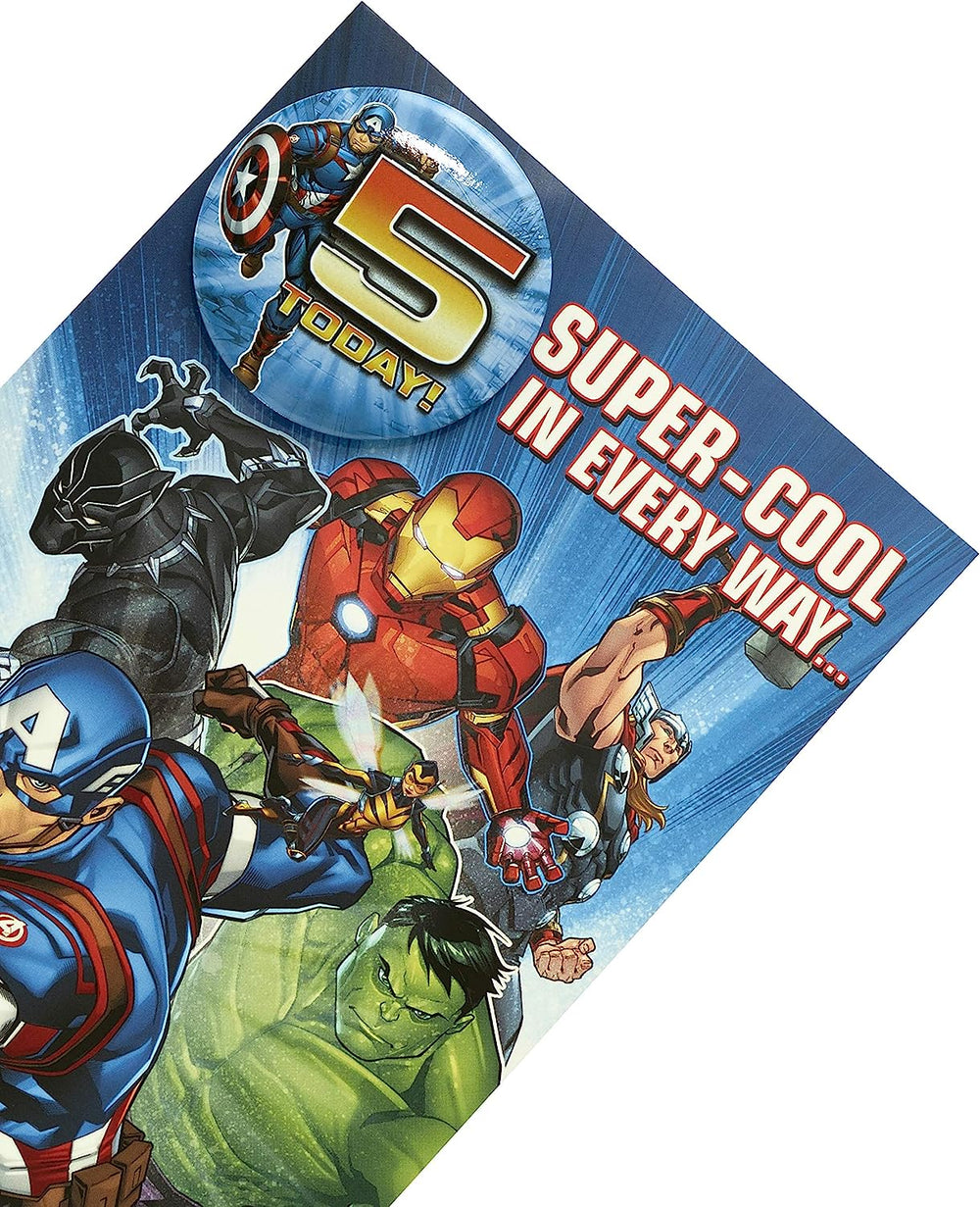 UK Greetings Marvel Avengers birthday card for age 5 featuring superhero characters and a badge on colorful stationery.