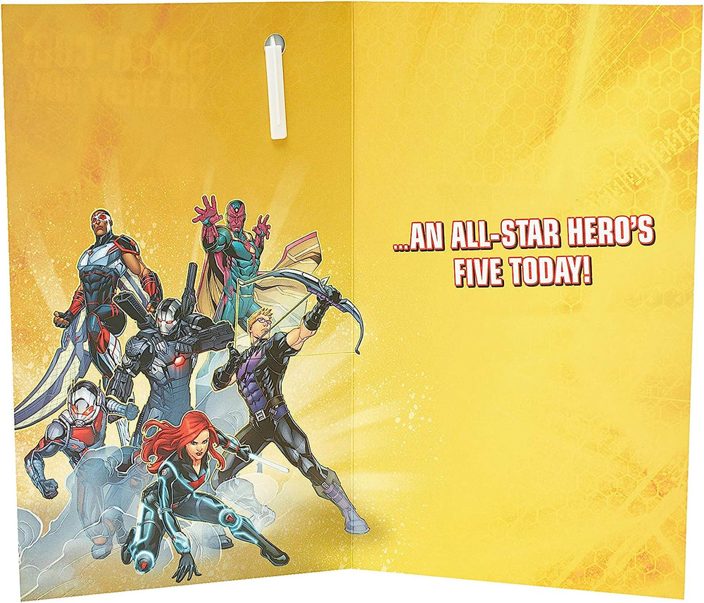UK Greetings Marvel Avengers birthday card for age 5, featuring superhero characters and a matching badge, designed for children's stationery.