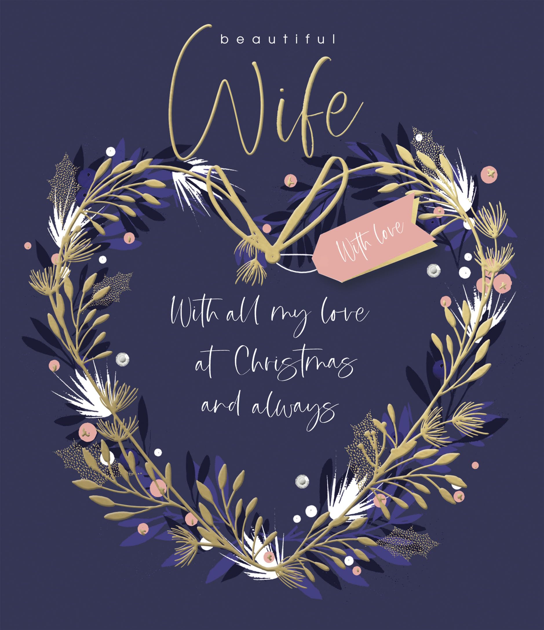 UK Greetings Midnight Wreath Christmas card with gold foil accents, embellished design, ideal for sending holiday wishes to a wife.