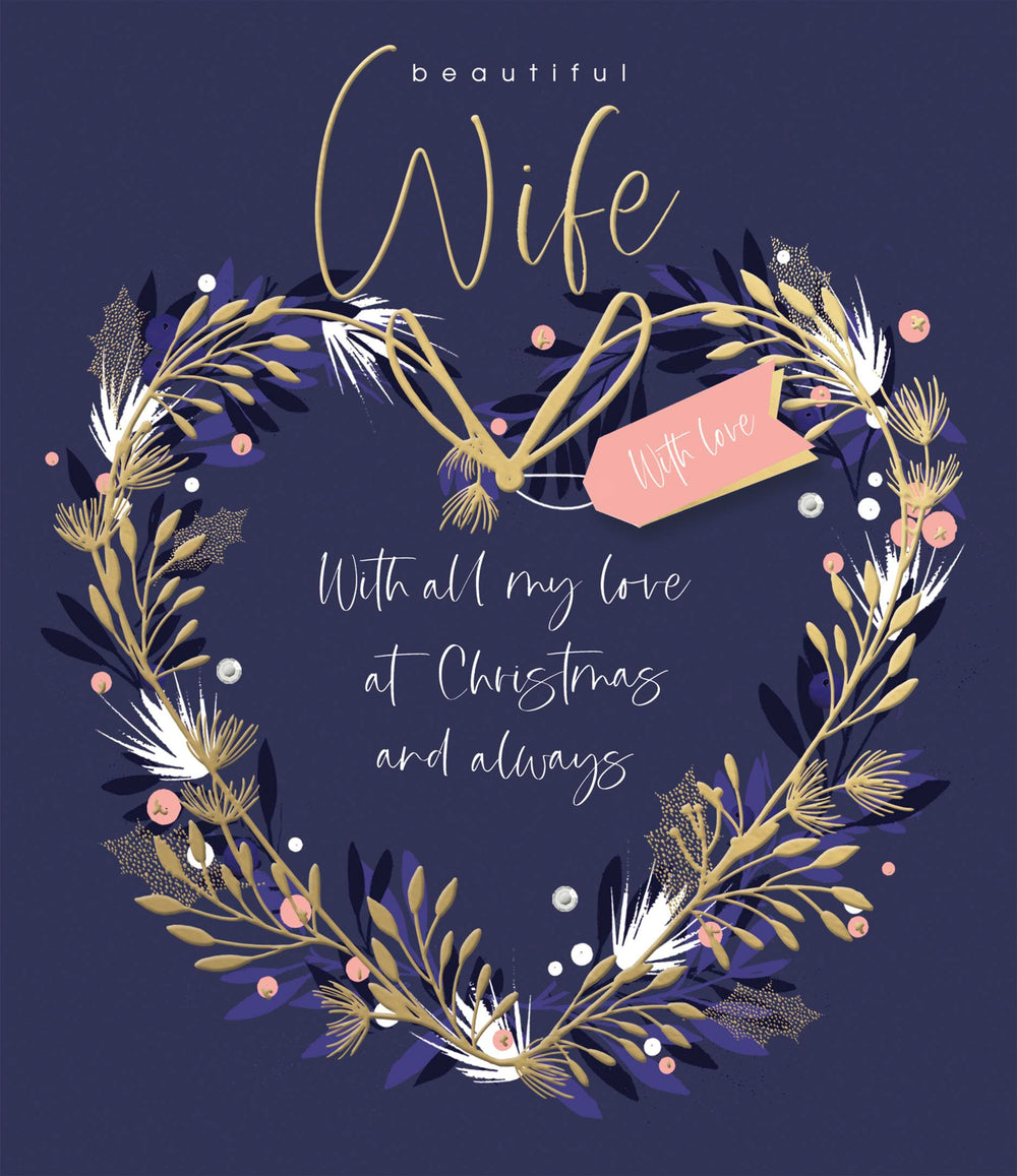 UK Greetings Midnight Wreath Christmas card with gold foil accents, embellished design, ideal for sending holiday wishes to a wife.