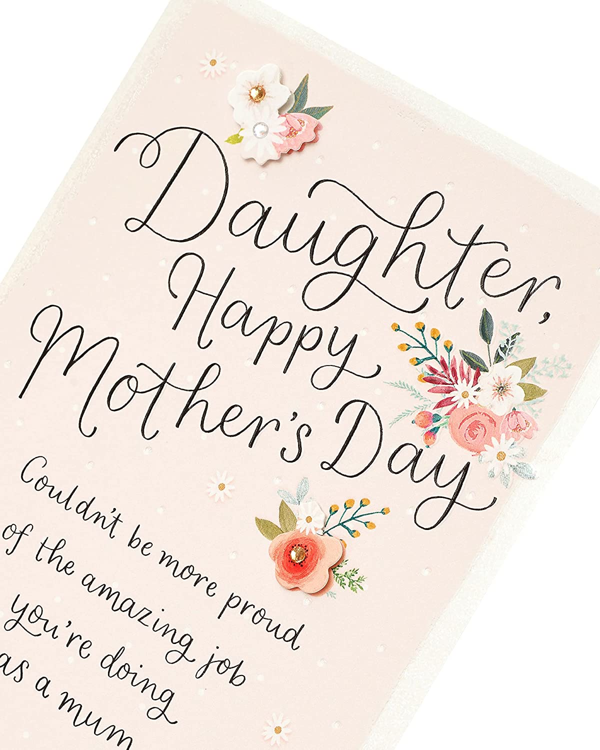 UK Greetings Mother's Day card for daughter featuring 3D effect, colorful stationery with heartfelt design and floral accents.