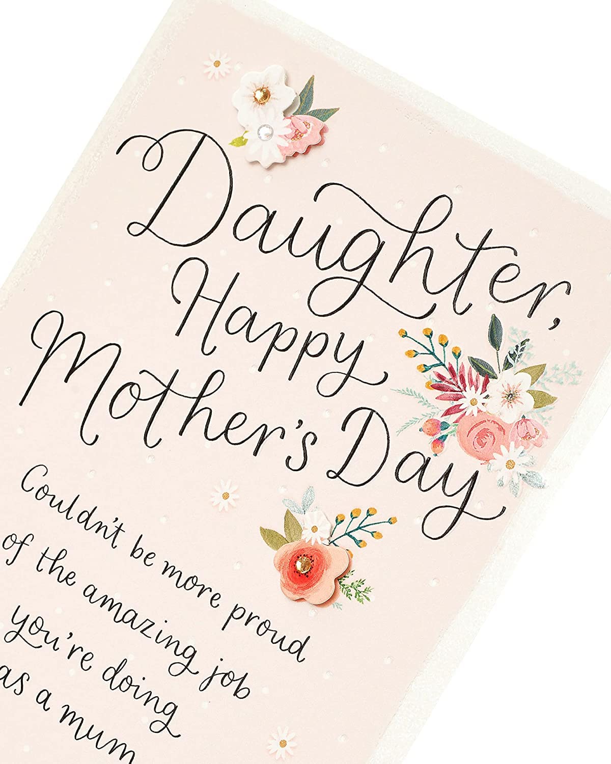 UK Greetings Mother's Day card for daughter with 3D effect, featuring floral design and heartfelt message on stationery.