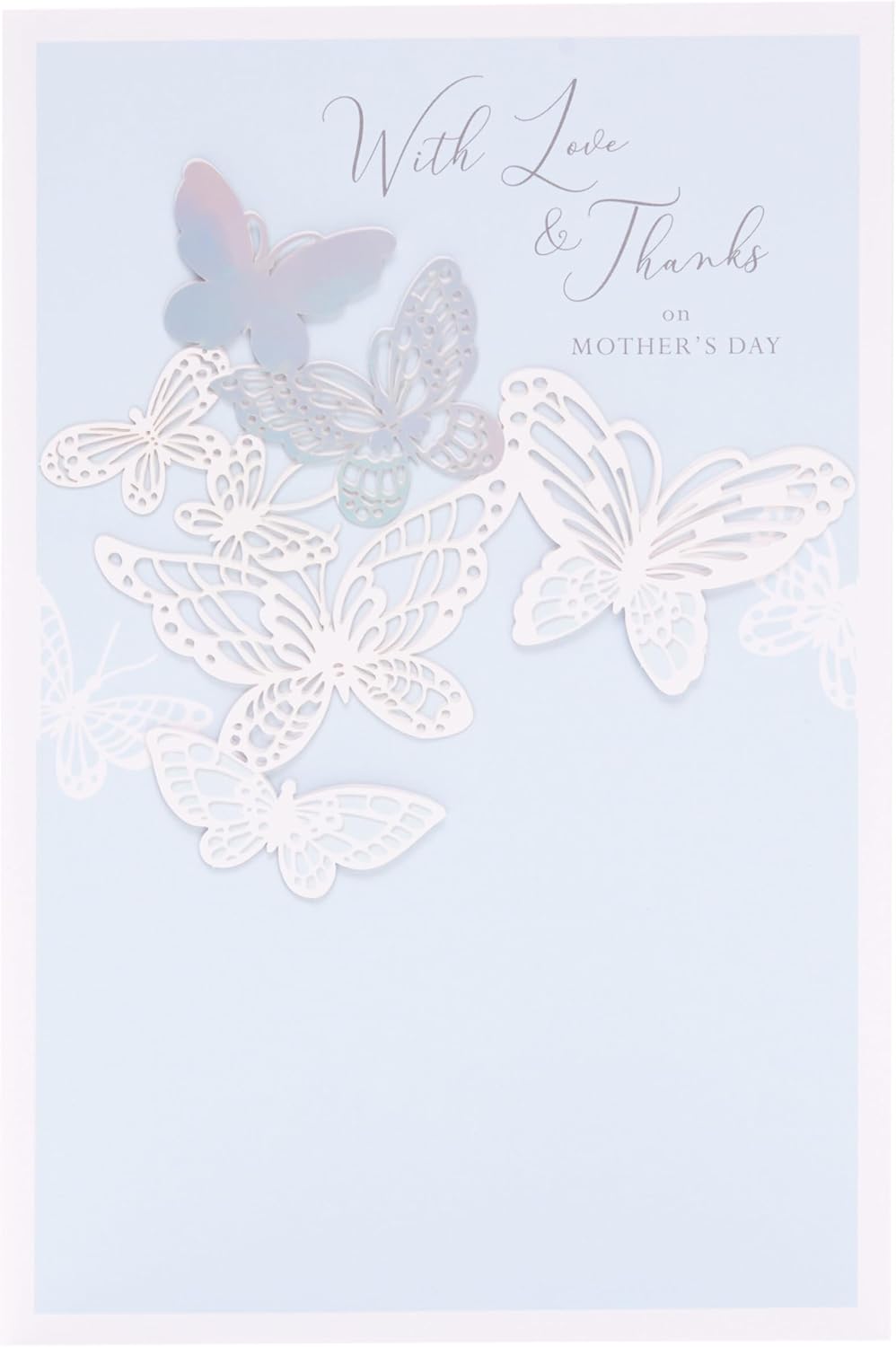 Light blue UK Greetings Mother's Day card for her, featuring elegant stationery design with floral accents.