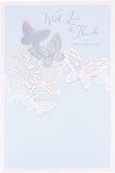 Light blue UK Greetings Mother's Day card for her, featuring elegant stationery design with floral accents.